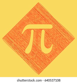 Pi greek letter sign. Vector. Red scribble icon obtained as a result of subtraction rhomb and path. Royal yellow background.