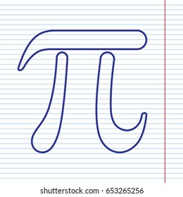 Pi greek letter sign. Vector. Navy line icon on notebook paper as background with red line for field.