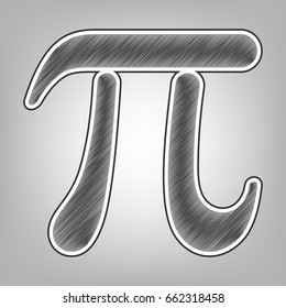 Pi greek letter sign. Vector. Pencil sketch imitation. Dark gray scribble icon with dark gray outer contour at gray background.