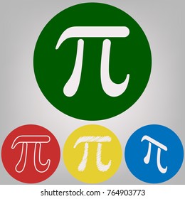 Pi greek letter sign. Vector. 4 white styles of icon at 4 colored circles on light gray background.