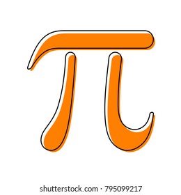 Pi greek letter sign. Vector. Black line icon with shifted flat orange filled icon on white background. Isolated.