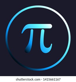 Pi greek letter sign. White, cyan and blue gradient icon as round button in white shell at dark blue background. Illustration.