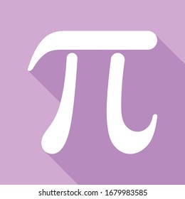 Pi greek letter sign. White Icon with long shadow at purple background. Illustration.