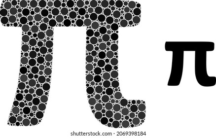 Pi Greek lowercase symbol vector composition of dots in variable sizes and color hues. Circle elements are grouped into Pi Greek lowercase symbol vector composition. Abstract vector design concept.