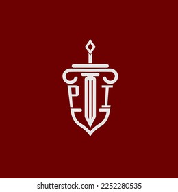 PI initial logo monogram design for legal lawyer vector image with sword and shield