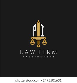 PI initial monogram for lawfirm logo with sword and scale