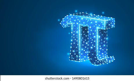 Pi, the letter of a Greek alphabet. Greek numerals, mathematical number eighty concept. Abstract, digital, wireframe, low poly mesh, vector blue neon 3d illustration. Triangle, line dot