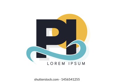 PI letter logo with ocean waves and sunset. Beach concept design