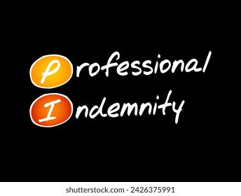 PI Professional Indemnity (insurance coverage) - protects you against claims for loss or damage made by clients or third parties, acronym text concept background