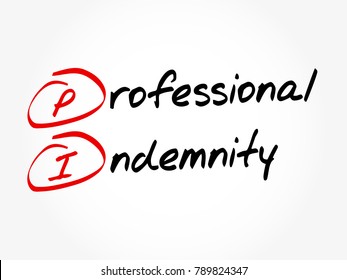 PI Professional Indemnity (insurance coverage) - protects you against claims for loss or damage made by clients or third parties, acronym text concept background