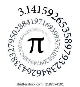 Pi-Spirale. Die ersten hundert Ziffern des unendlichen Kreises Zahl und mathematische Konstante Pi, die eine arithmetische Spirale bilden. Schwarz-Weiß-Sequenz, einzeln auf weißem Hintergrund. Vektorgrafik.