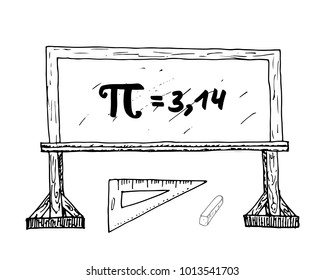 Pi symbol hand drawn icon, Grunge calligraphic mathematical sign on school blakboard vector illustration isolated on white bacground.