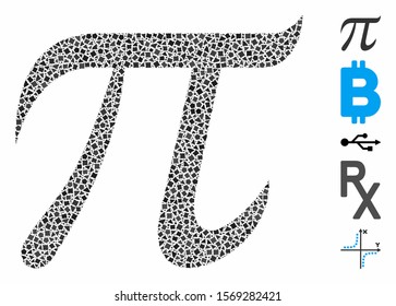 Pi Symbol Icon Composition Of Rugged Pieces In Different Sizes And Shades, Based On Pi Symbol Icon. Vector Rugged Pieces Are Composed Into Mosaic. Pi Symbol Icons Collage With Dotted Pattern.