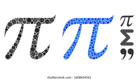 Pi symbol mosaic of circle elements in various sizes and color hues, based on pi symbol icon. Vector circle elements are united into blue composition. Dotted pi symbol icon in usual and blue versions.