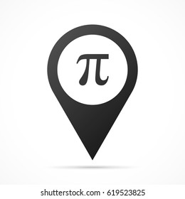 Pi symbol on map pin. Location pointer isolated on a white background.
Conceptual vector illustration.