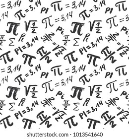 Pi symbol seamless pattern vector illustration. Hand drawn sketched Grunge mathematical signs and formulas, Vector illustration.