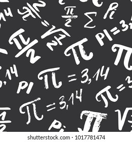 Pi symbol seamless pattern vector illustration. Hand drawn sketched Grunge mathematical signs and formulas, Vector illustration.