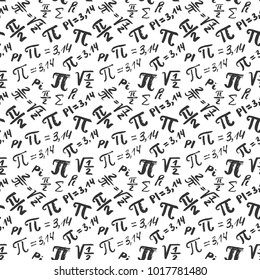 Pi symbol seamless pattern vector illustration. Hand drawn sketched Grunge mathematical signs and formulas, Vector illustration.