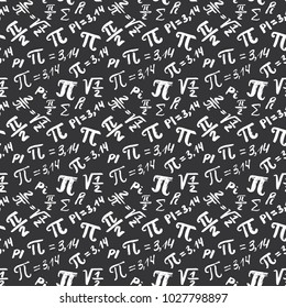 Pi symbol seamless pattern vector illustration. Hand drawn sketched Grunge mathematical signs and formulas, Vector illustration.