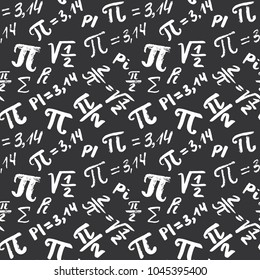 Pi symbol seamless pattern vector illustration. Hand drawn sketched Grunge mathematical signs and formulas, Vector illustration.
