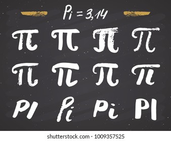 Pi symbols hand drawn icons set , Grunge calligraphic mathematical sign, vector illustration on chalkboard background.