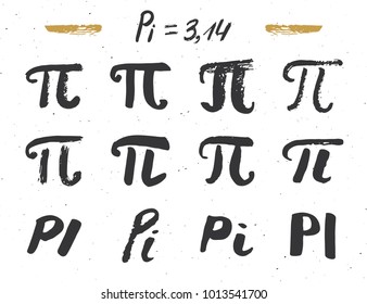 Pi symbols hand drawn icons set , Grunge calligraphic mathematical sign, vector illustration.