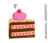 A piace of Cake with cherry, cute cartoon cake on white background, vector illustration