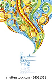 Pianist in abstract collage. Format A4. Vector illustration. Isolated groups and layers. Global colors.