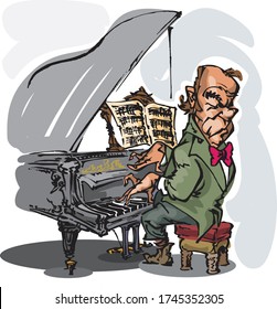 Pianist cartoon, with a 180 degree turned upper body, playing a weird, unusual piano