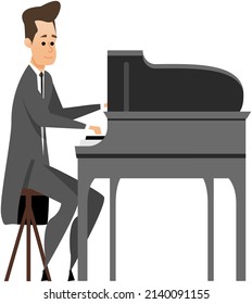 Pianist character in concert costume playing musical composition on grand piano for symphonic orchestra or opera performance on stage. Talented artist member of musical group plays keyboard instrument