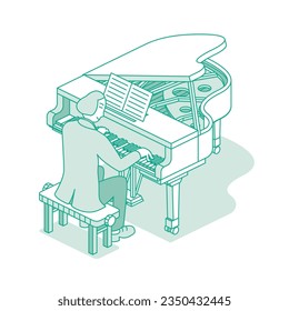 Pianist Character. Elegant man playing musical composition at professional grand piano. Musical instrument. Isometric concept isolated on white. Vector Illustration.