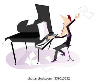 Pianist or composer plays piano and sings with inspiration