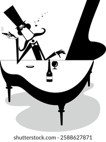 Pianist or composer sitting near a piano.
Pensive pianist in the top hat with cigar in the hand and a bottles of whisky playing a piano. Black and white illustration
