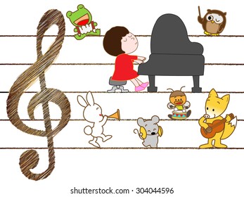 Pianist of the girl playing it with animals