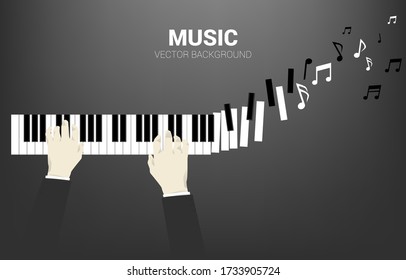 Pianist hand with piano key transform to music note. Background concept for classic song event and music festival