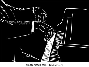 Pianist Hands On Piano Keyboard. Black And White Vector Illustration. Musical Sketching. Graphic Drawing. White Piano Player Contour On Black Background.