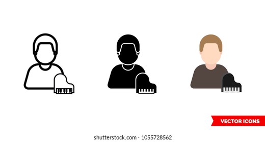 Pianist icon of 3 types: color, black and white, outline. Isolated vector sign symbol.