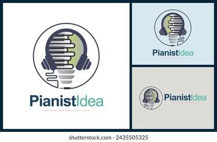 Pianist Idea light bulb headphone Piano tuts sign music studio label composer logo design template