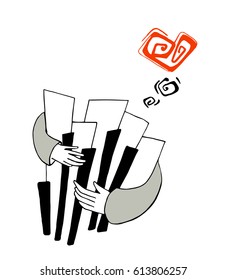 Pianist in love, hand drawn vector illustration