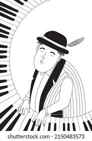 Pianista. Afiche publicitario de espectáculos musicales o plantilla de volante con pianista tocando piano de cola y lugar de texto. Ilustración vectorial moderna en estilo plano. Ilustración vectorial dibujada a mano.