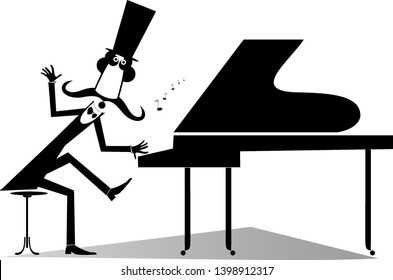 Pianist original silhouette illustration isolated. Mustache gentleman in the top hat is playing music on piano and singing black on white illustration 
