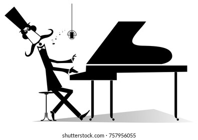 Pianist original silhouette isolated. Mustache gentleman in the top hat is playing music on piano and singing 
