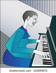 Pianist performing on a stage with her piano