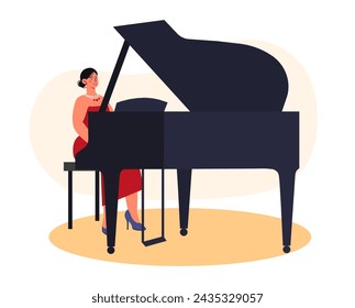 Pianista interpreta el concepto. Mujer con vestido rojo sentada cerca del piano. Talentoso músico y artista en el escenario o escena. Creatividad y arte. ilustración vectorial plana de dibujos animados aislada sobre fondo blanco