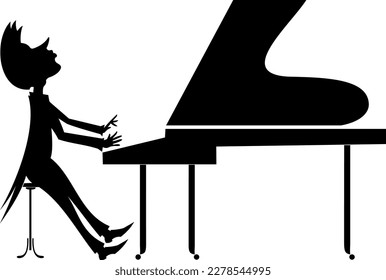 Pianista, silueta de piano Art.
Músico tocando piano con inspiración. Silueta negra sobre fondo blanco
