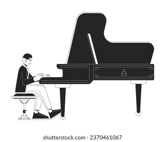 Pianist playing grand piano black and white cartoon flat illustration. Asian adult man wearing concert attire 2D lineart character isolated. Male performer monochrome scene vector outline image