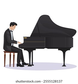 Pianist playing a grand piano in formal attire on white background. Vector illustration