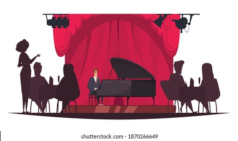 Pianist playing music live in restaurant with silhouettes of people sitting at tables cartoon vector illustration