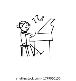 A pianist playing the piano. Caricature in a cute cartoon style of a musician, composer and pianist. Doodle