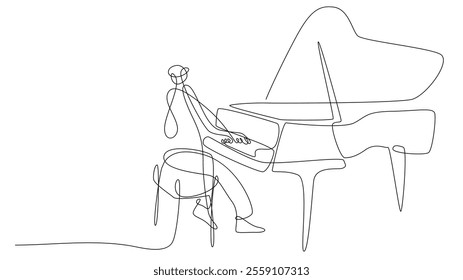 Pianist playing piano continuous one line drawing minimalist, pianist hands on grand piano